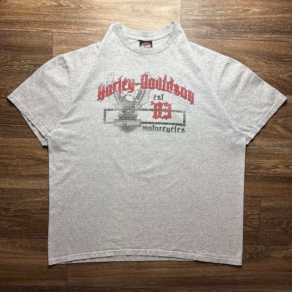 Harley Davidson Grey Tee with Red & Black Eagle Graphic